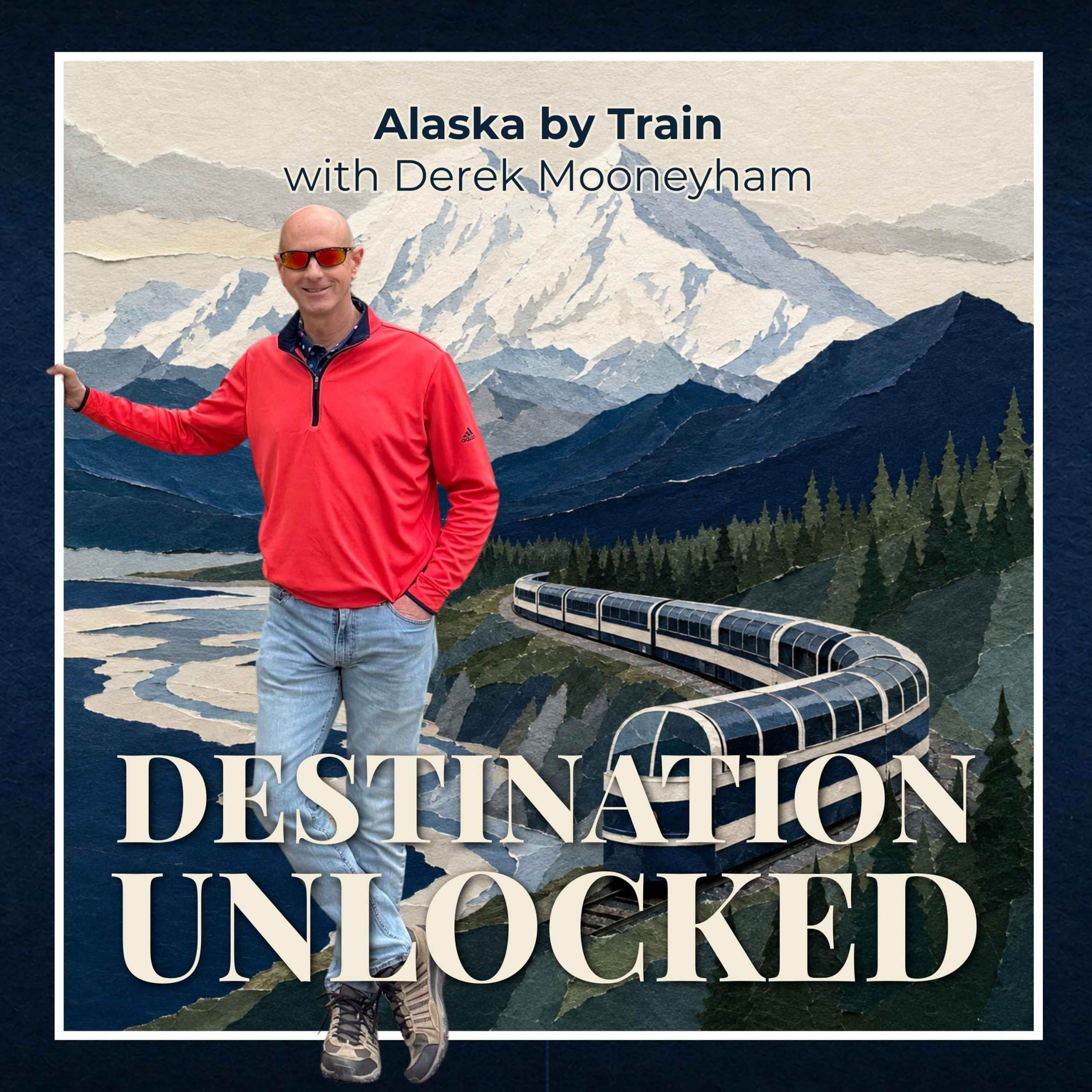 Alaska mountains, forest and railway in Destination Unlocked cut-paper style