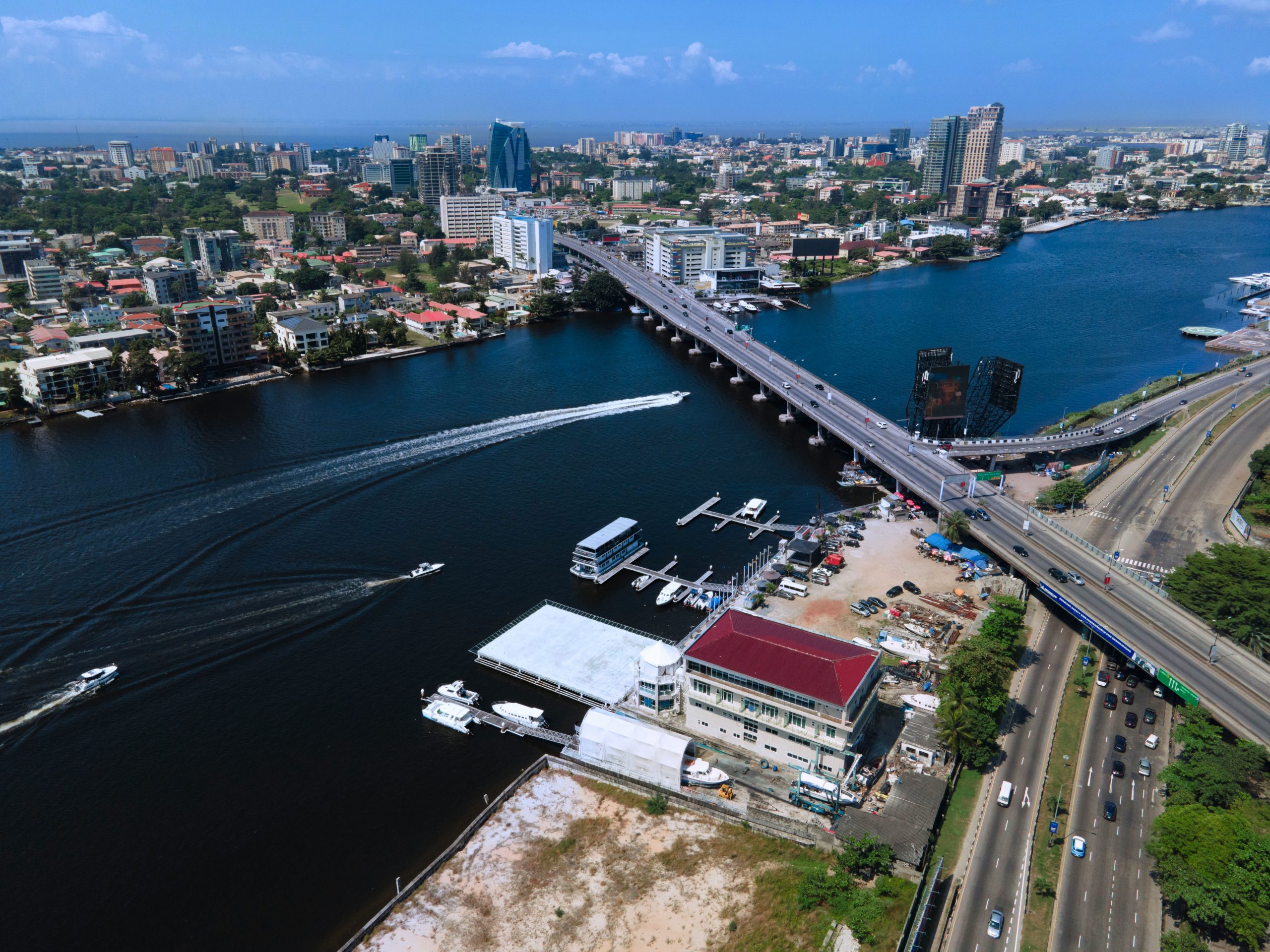 Aerial view across Lagos Lagoon towards Victoria Island