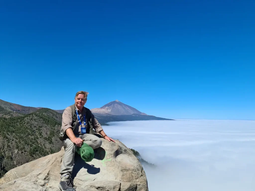 Writer John Reid above Tenerife’s sea of clouds with Mount Teide in the distance