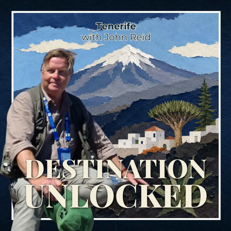 Tenerife with writer John Reid against a cut-paper illustration of Mount Teide