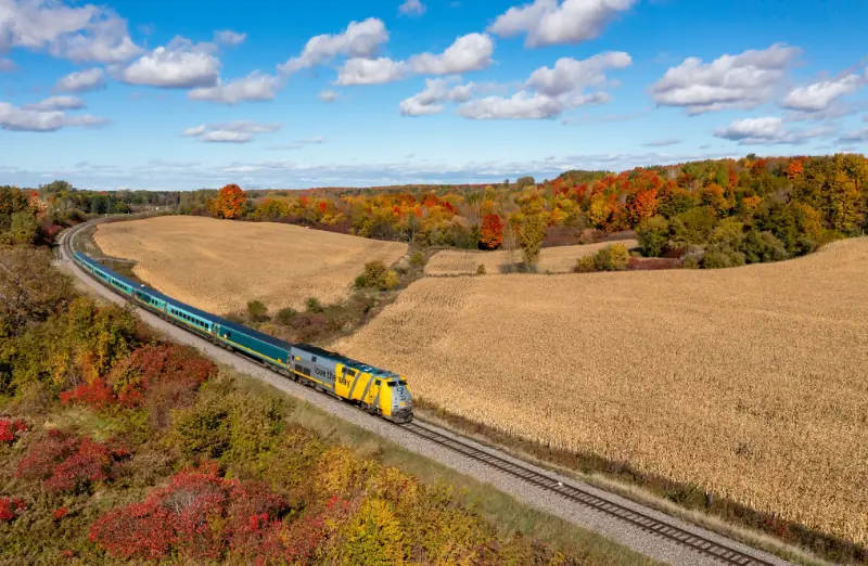 A VIA Rail train travelling through autumn countryside