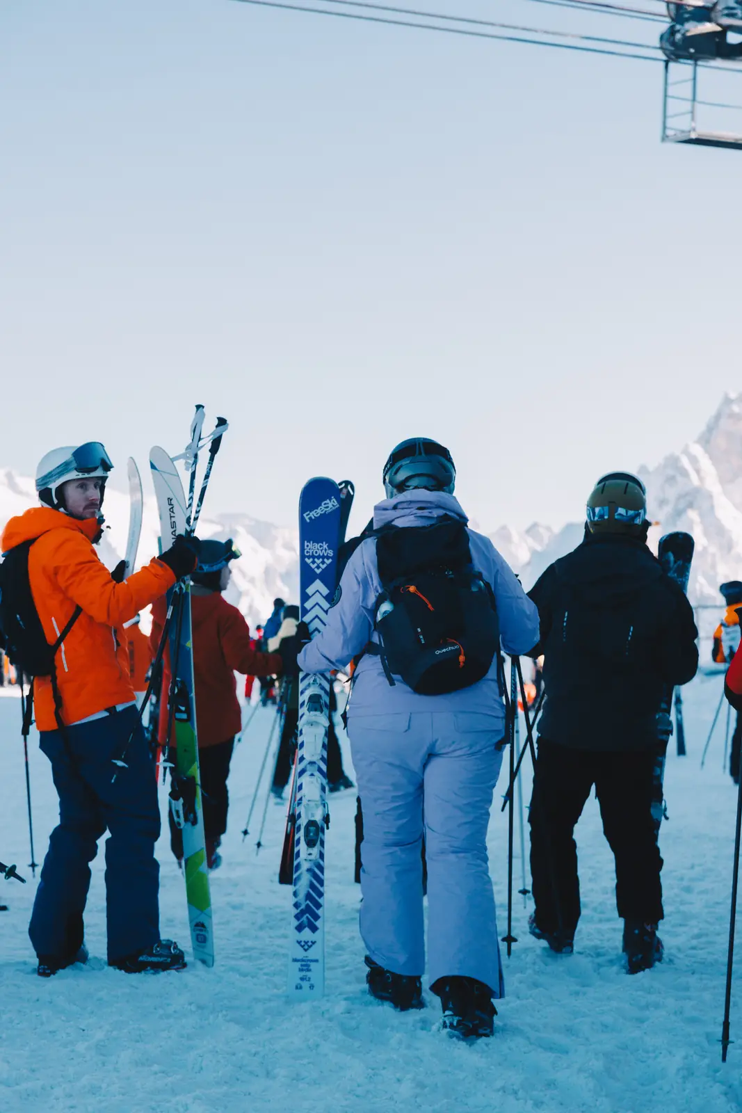 Skiers gathered together in their winter equipment