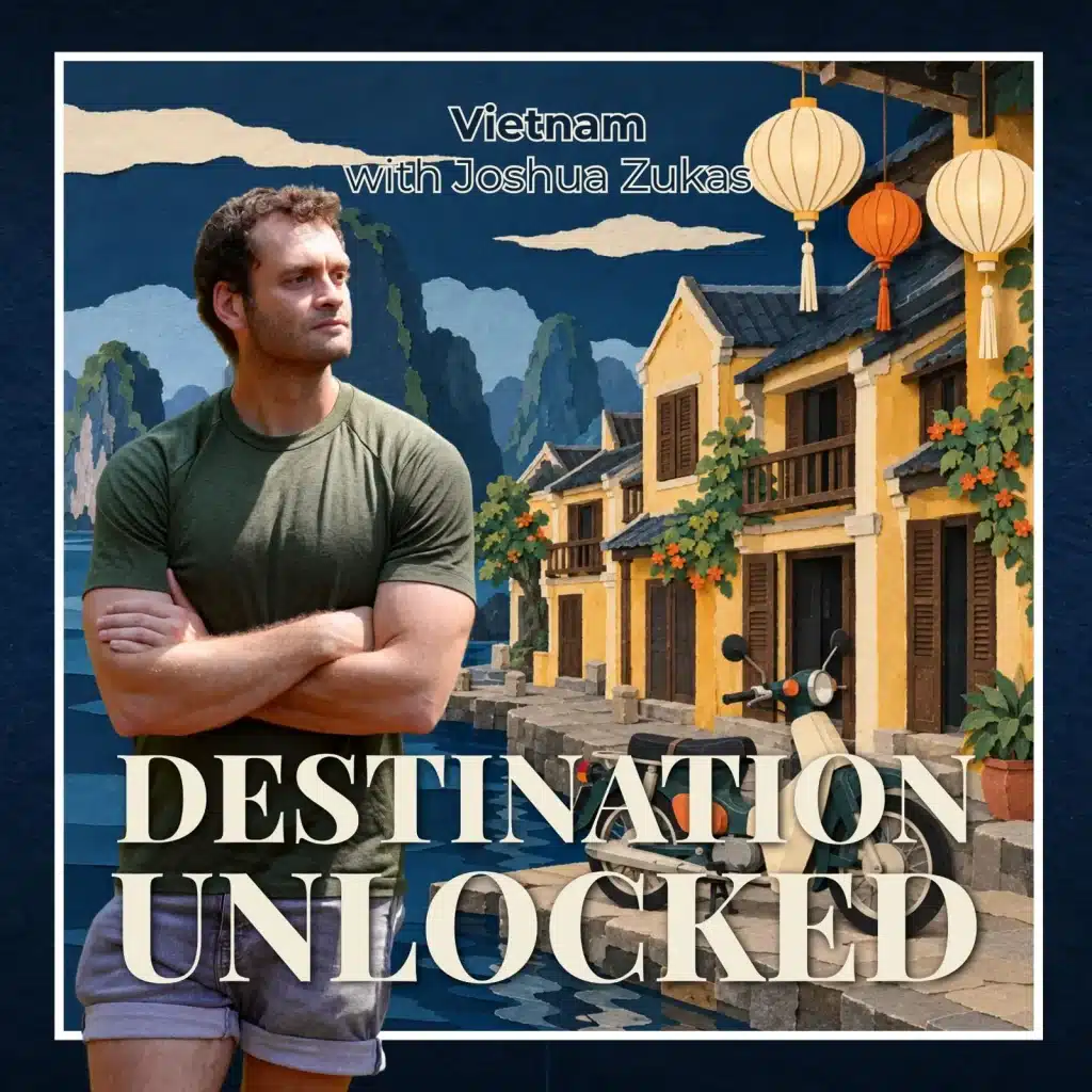 Destination Unlocked Vietnam episode artwork featuring Joshua Zukas, Hội An lanterns and limestone scenery